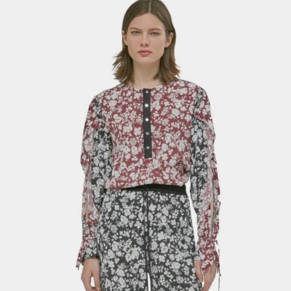 Yigal Azrouel Celosia Floral Round Neck Long Sleeve Black Maroon Blouse … - Picture 1 of 8